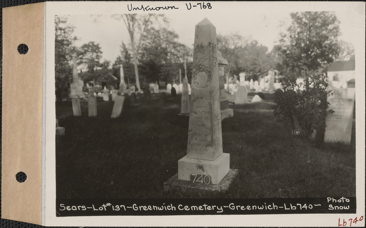 Andrew H. Sears, Greenwich Cemetery, Old section, lot 137, Greenwich, Mass., ca. 1930-1931