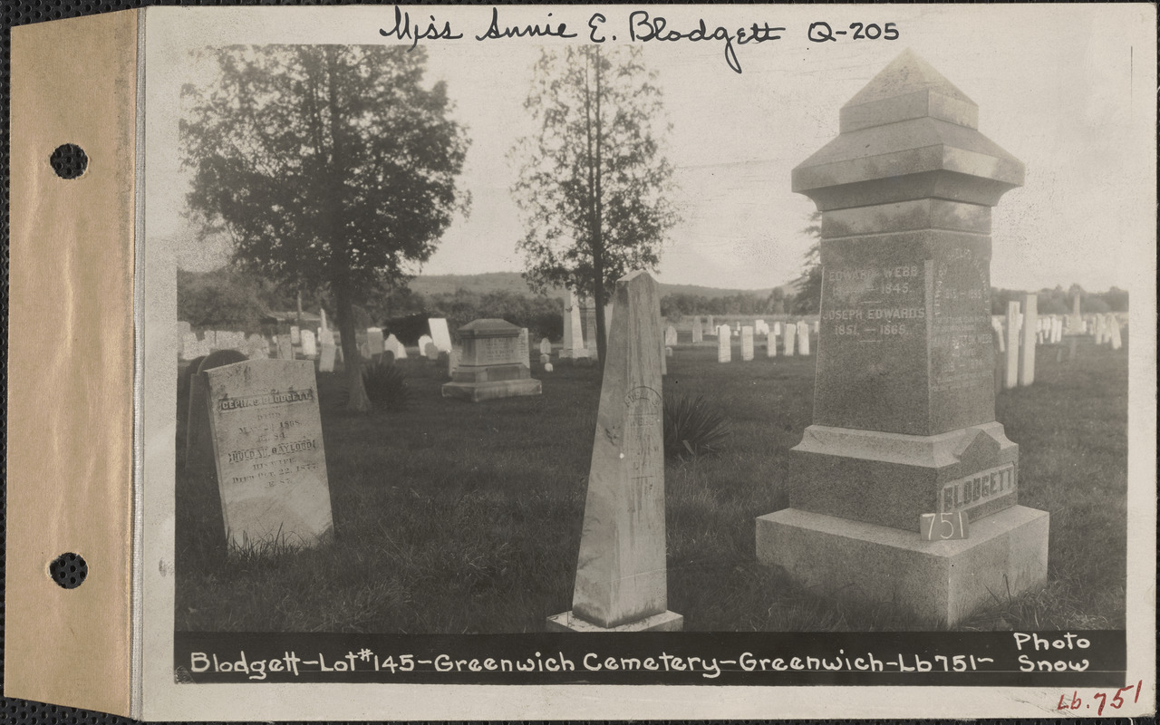 Blodgett, Greenwich Cemetery, Old section, lot 145, Greenwich, Mass