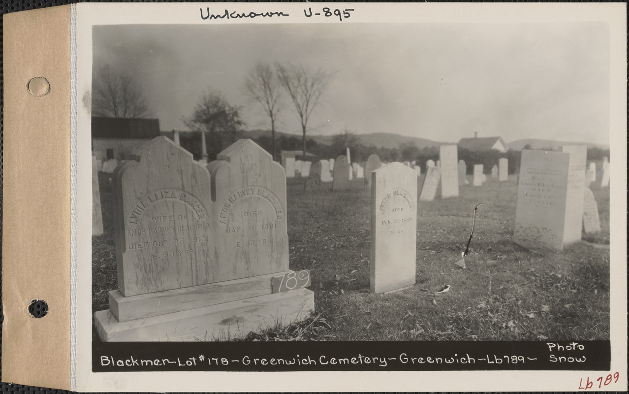 Amos Harvey and Lydia Eliza Blackmer, Greenwich Cemetery, Old section, lot 178, Greenwich, Mass., ca. 1930-1931
