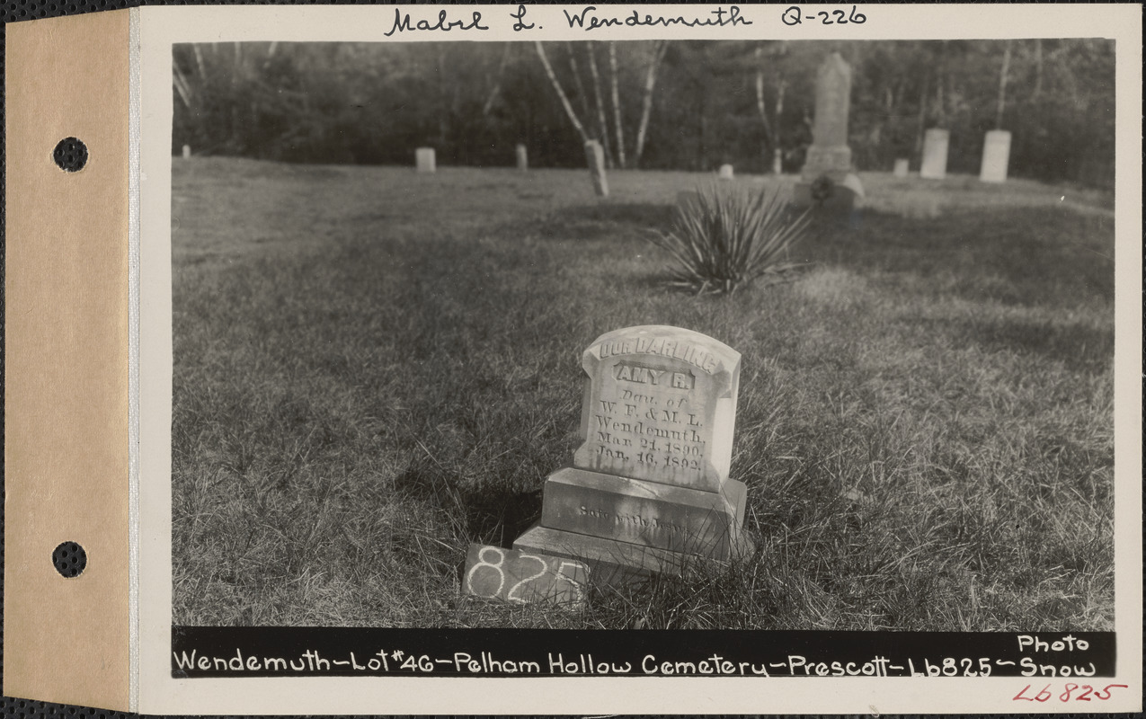 Amy R. Wendemuth, Pelham Hollow Cemetery, lot 46, Prescott, Mass., ca. 1930-1931