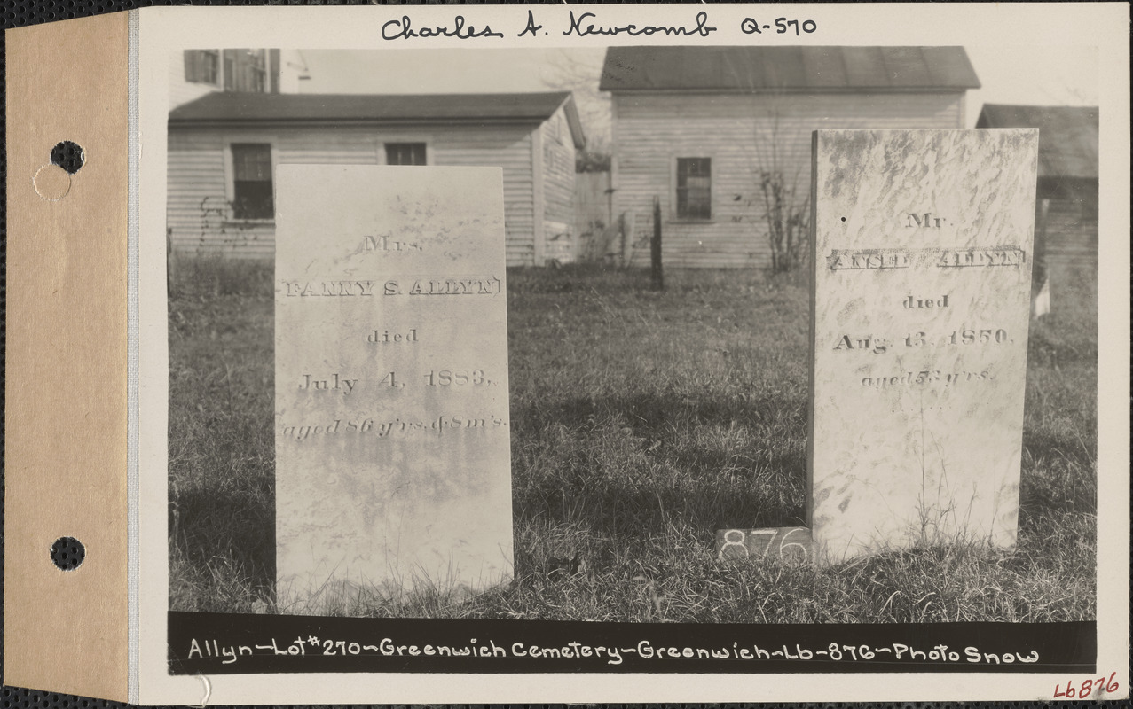 Allyn, Greenwich Cemetery, Old section, lot 270, Greenwich, Mass., ca. 1930-1931