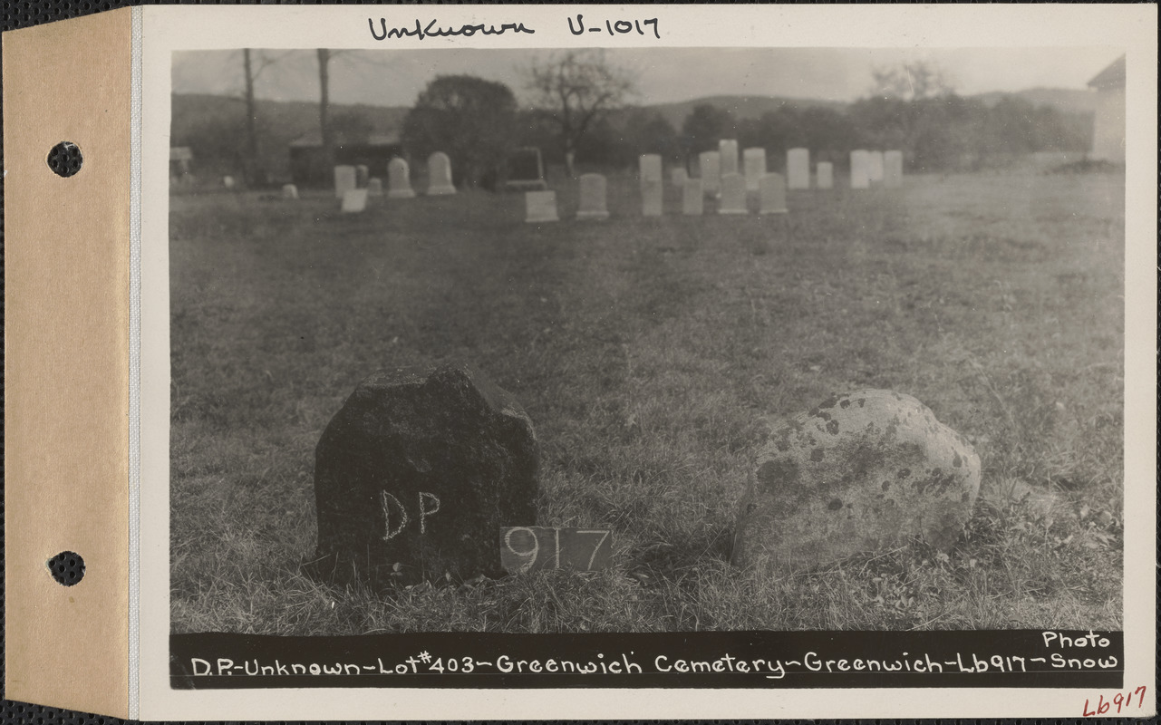 D. P. (unknown), Greenwich Cemetery, Old section, lot 403, Greenwich, Mass., ca. 1930-1931