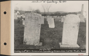Zelotus J. Cooley, Greenwich Cemetery, Old section, lot 357, Greenwich Mass., ca. 1930-1931