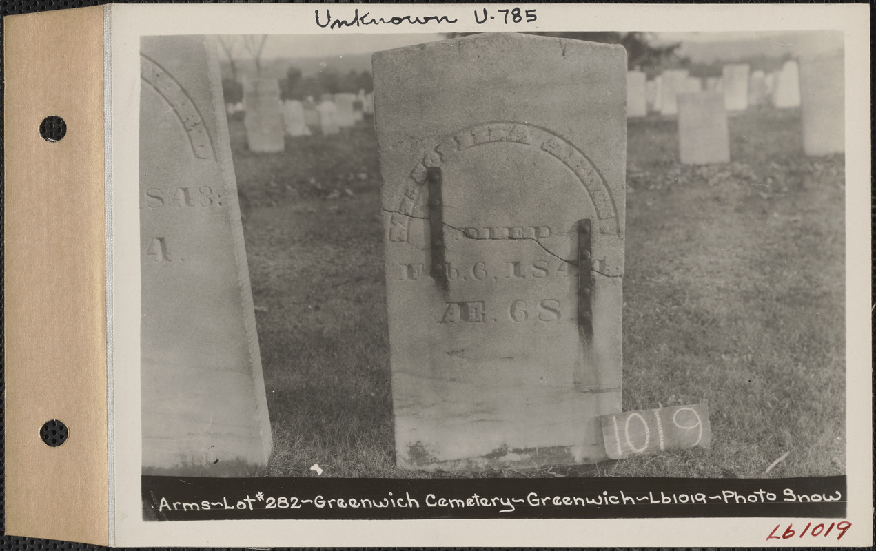 Arms, Greenwich Cemetery, Old section, lot 282, Greenwich Mass., ca. 1930-1931