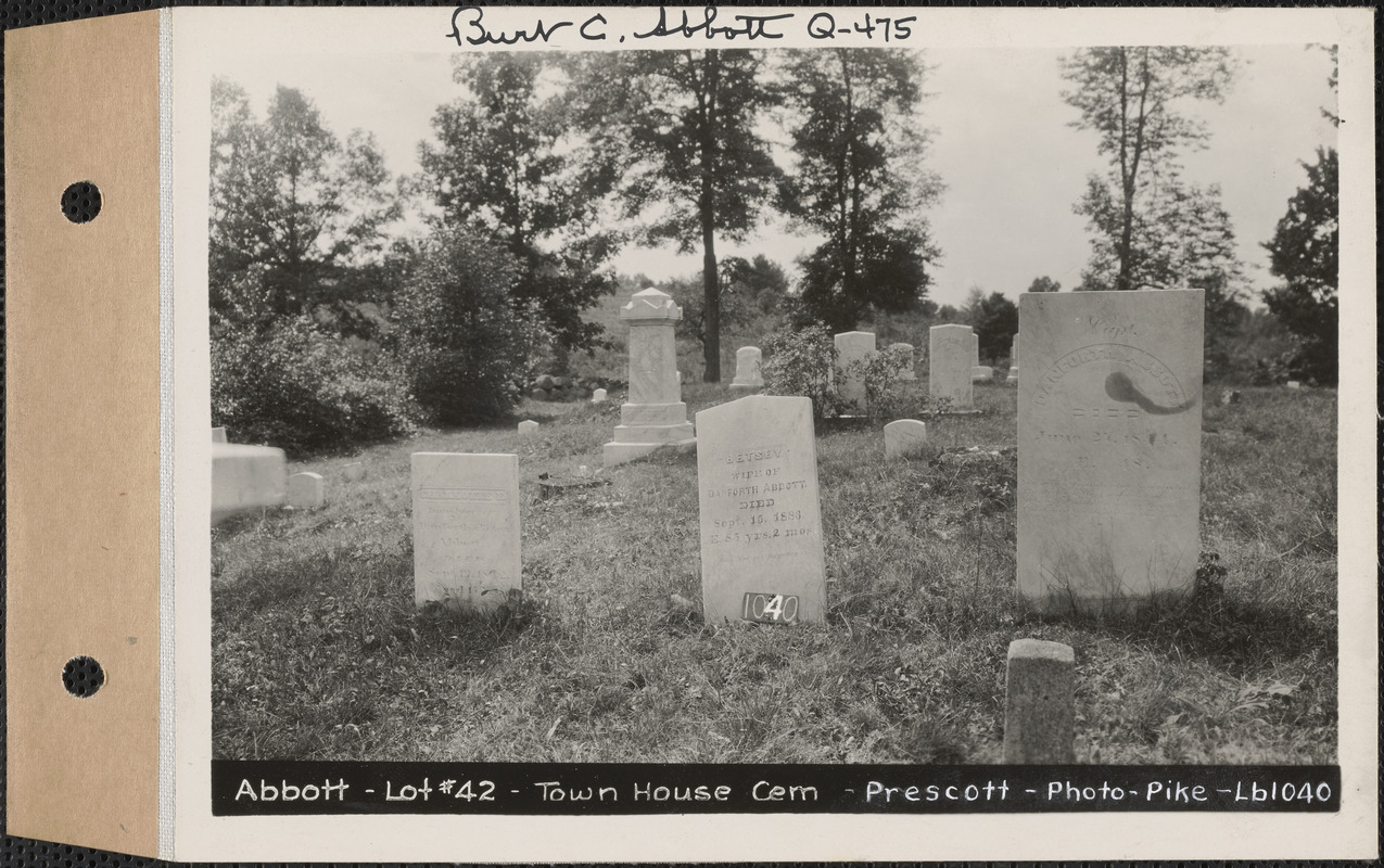 Abbott, Town House Cemetery, lot 42, Prescott, Mass., ca. 1930-1931