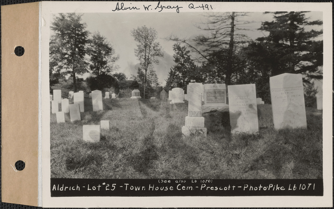 Aldrich, Town House Cemetery, lot 20, Prescott, Mass., ca. 1930-1931