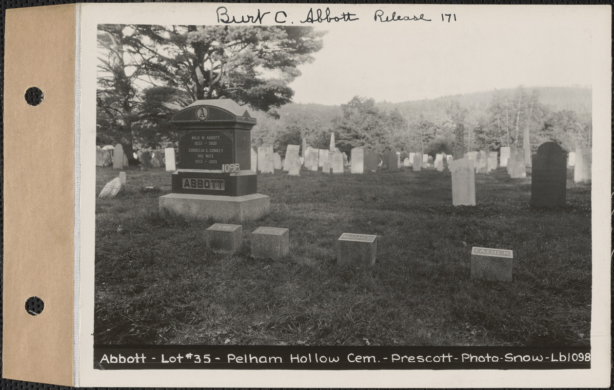 Abbott, Pelham Hollow Cemetery, lot 35, Prescott, Mass., ca. 1930-1931