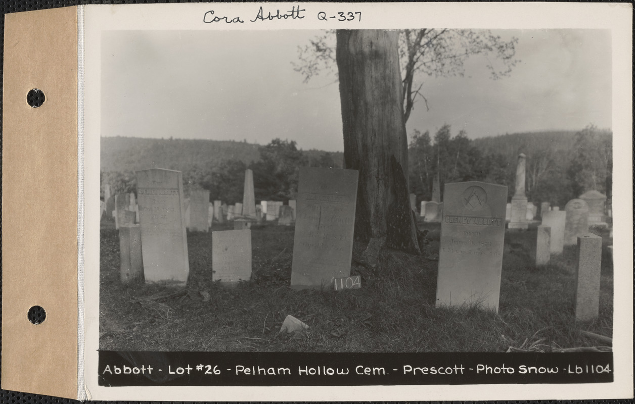 Abbott, Pelham Hollow Cemetery, lot 26, Prescott, Mass., ca. 1930-1931
