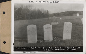 Hemenway, Pine Grove Cemetery, Block no. 2, lot 31, Prescott, Mass., Nov. 3, 1932