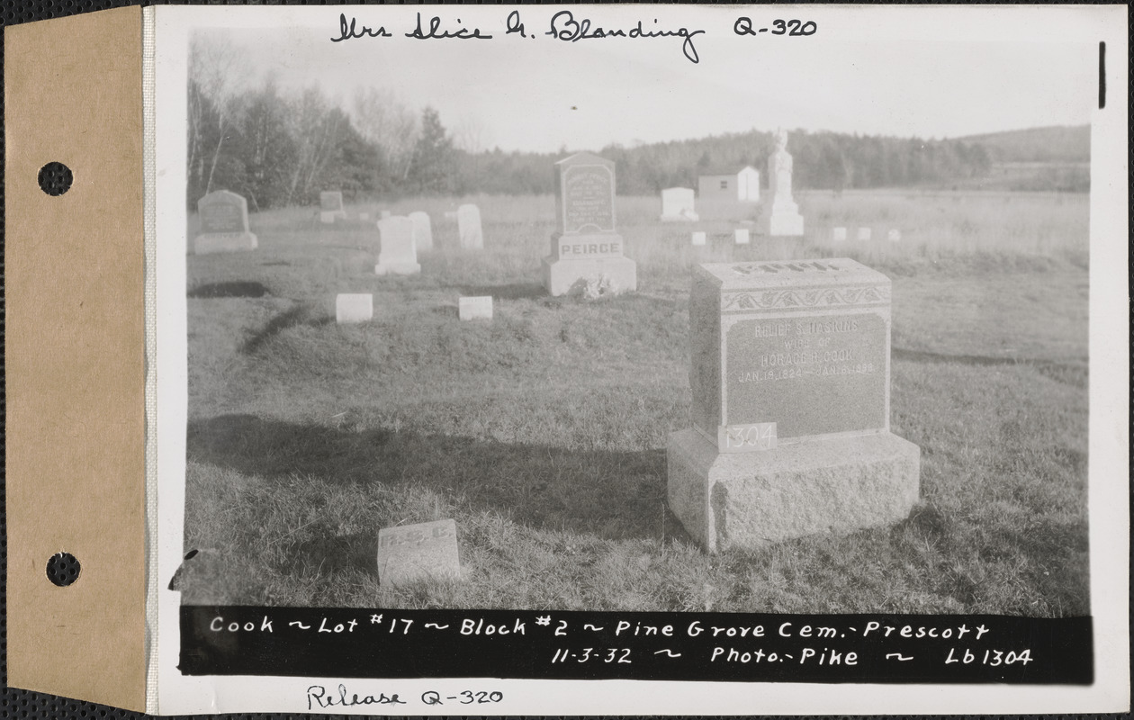 Cook, Pine Grove Cemetery, Block no. 2, lot 17, Prescott, Mass., Nov. 3