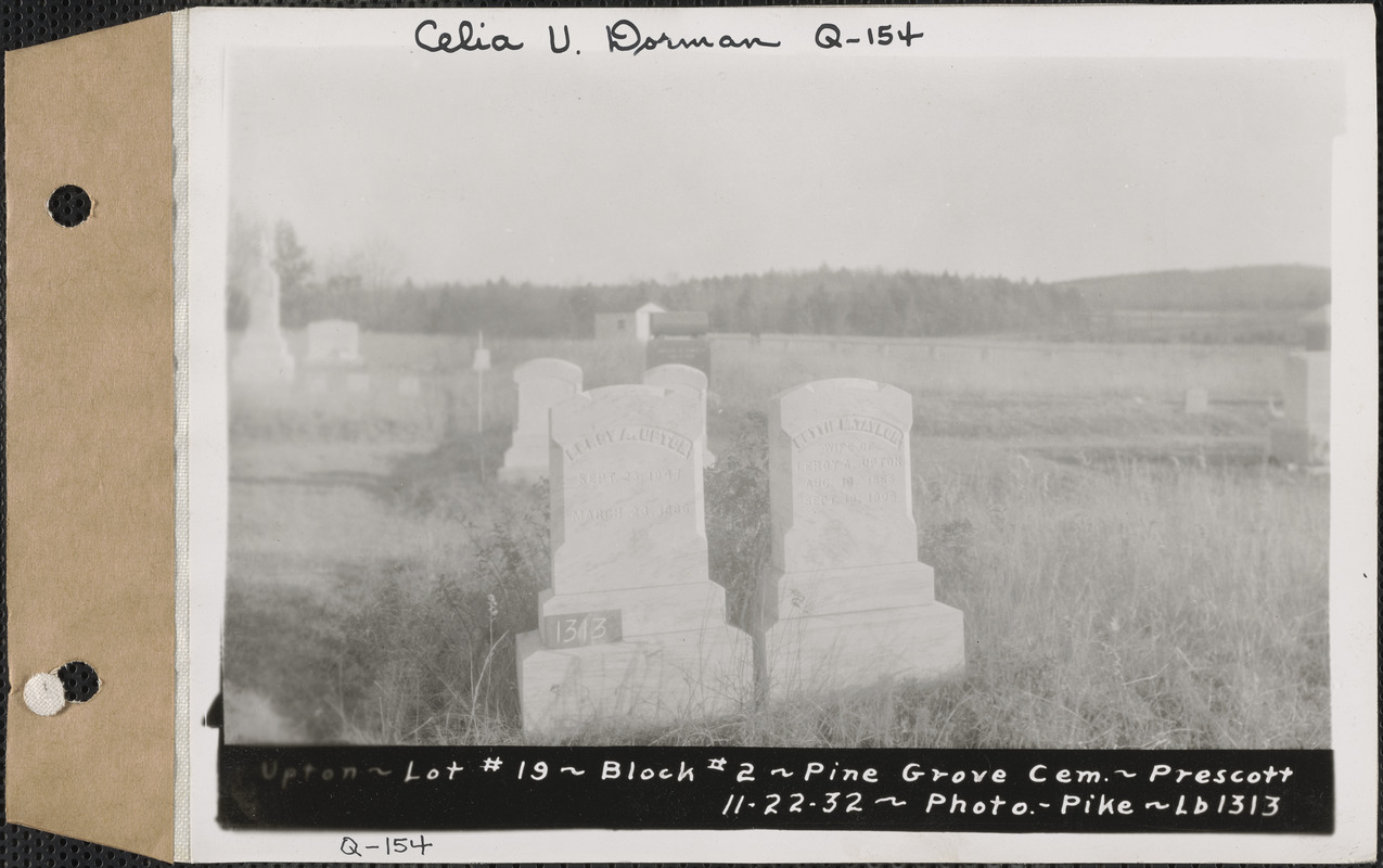 Upton, Pine Grove Cemetery, Block no. 2, lot 19, Prescott, Mass., Nov