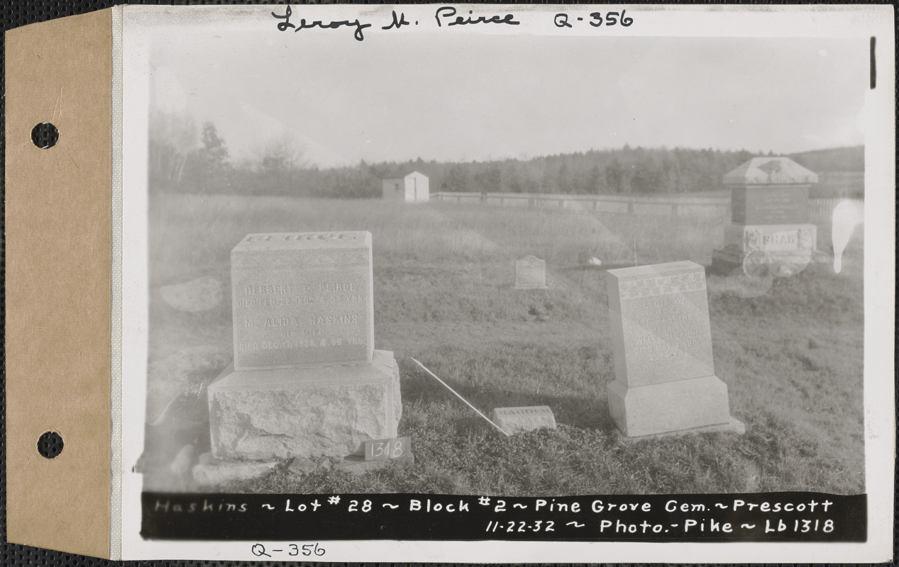 Haskins, Pine Grove Cemetery, Block no. 2, lot 28, Prescott, Mass., Nov