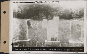 Huldah C. Shaw, James Monroe Stacy, Frank Monroe, Jason Powers Cemetery, lot 8, Prescott, Mass., July 17, 1934