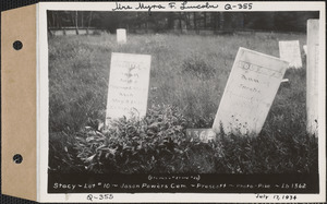 Clarissa S. Stacy, Louisa F. Stacy, Jason Powers Cemetery, lot 10, graves #27 and #26, Prescott, Mass., July 17, 1934