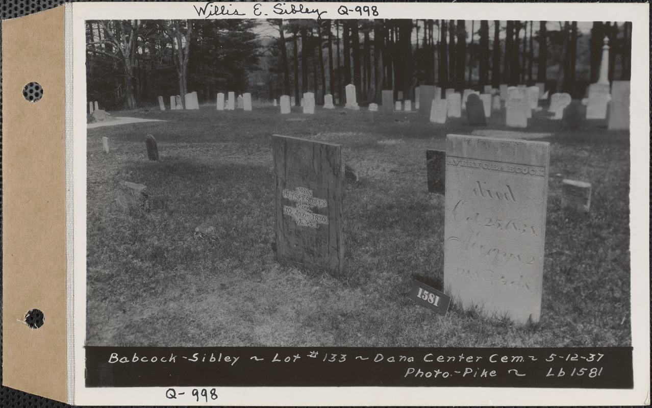 Avery Babcock - Betsey Sibley, Dana Center Cemetery, lot 133, Dana, Mass., May 12, 1937