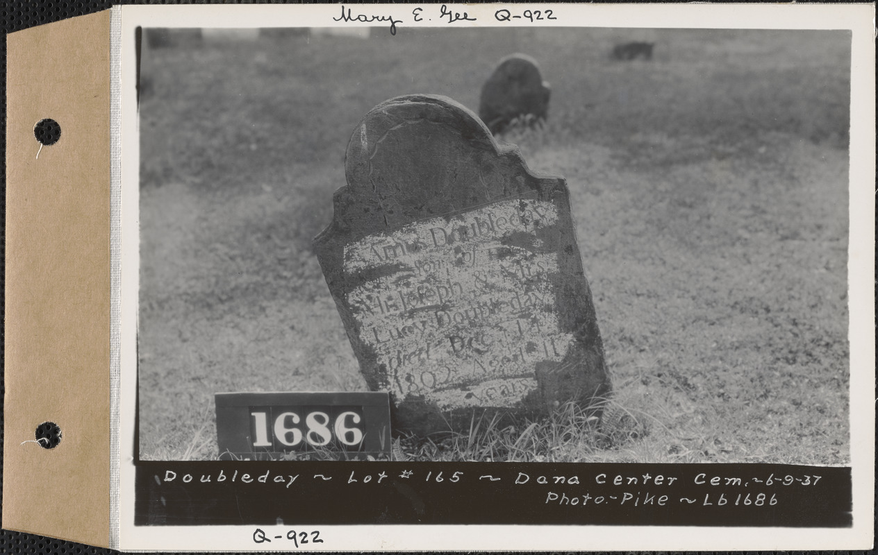 Amos Doubleday, Dana Center Cemetery, lot 165, Dana, Mass., June 9, 1937