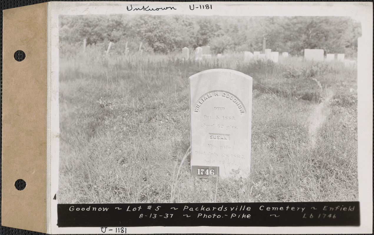 William H. and Susan Goodnow, Packardsville Cemetery, lot 5, Enfield, Mass., Aug. 13, 1937