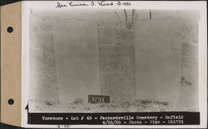 Ann A. Torrance, Dwight J. Torrance, Packardsville Cemetery, lot 45, Enfield, Mass., Apr. 25, 1938