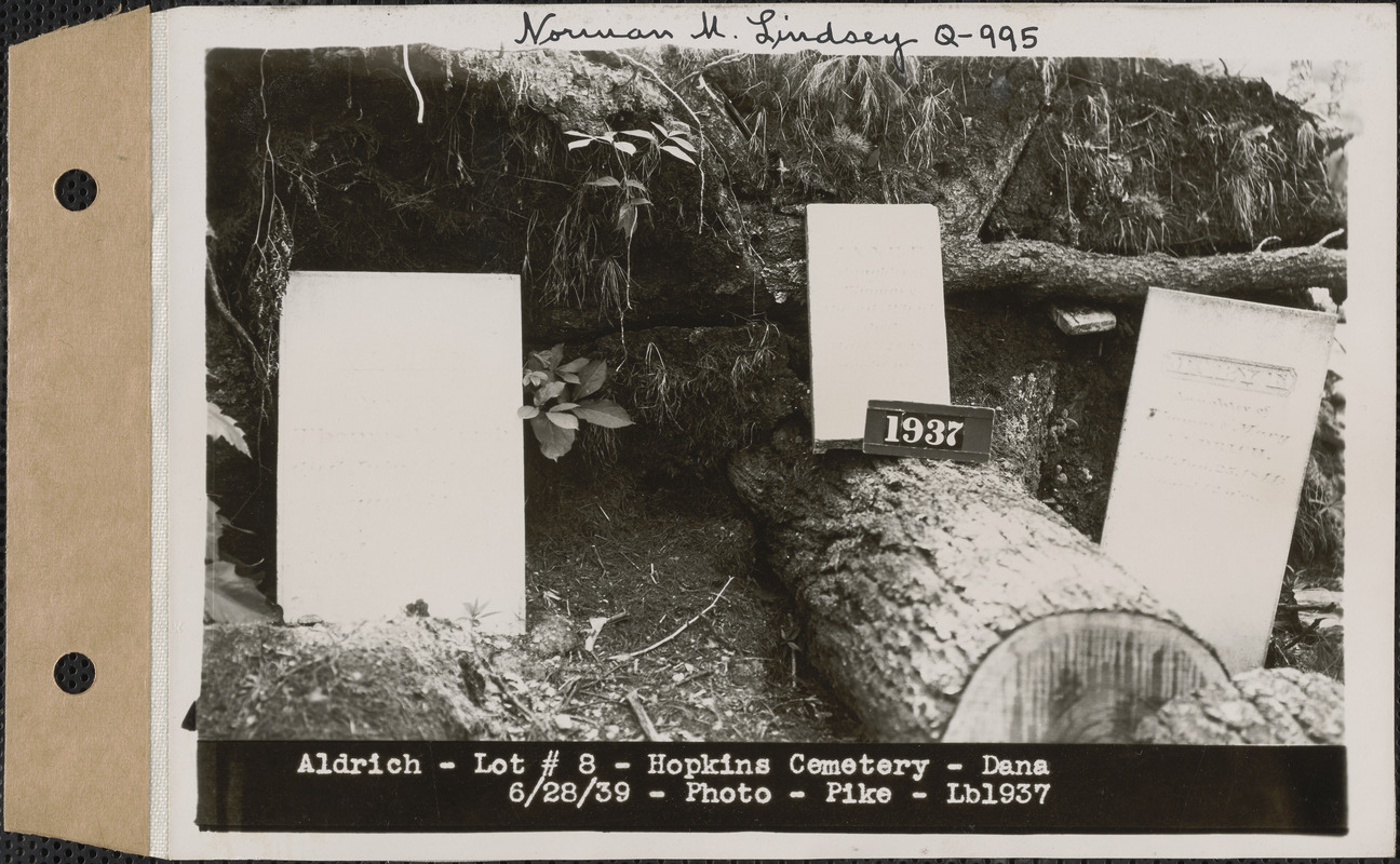 Aldrich, Hopkins Cemetery, lot 8, Dana, Mass., June 28, 1939