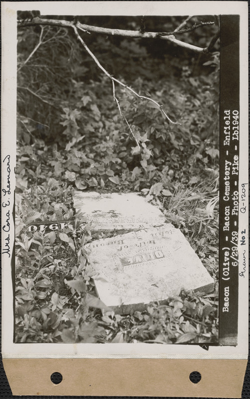 Olive Bacon, Bacon Cemetery, grave 2, Enfield, Mass., June 29, 1939