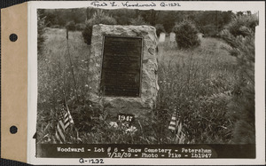 Benajah Woodward, Snow Cemetery, lot 6, Petersham, Mass., July 12, 1939