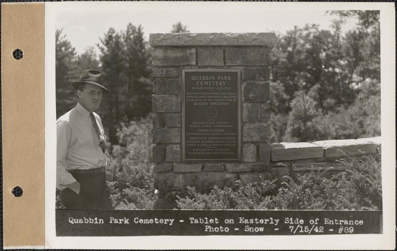 Tablet on easterly side of Entrance, Quabbin Park Cemetery, Ware, Mass., July 15, 1942