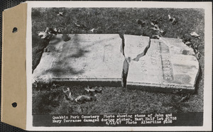Photo showing stone of John and Mary Torrance damaged during winter, east half lot 1758, Quabbin Park Cemetery, Ware, Mass., Apr. 15, 1947