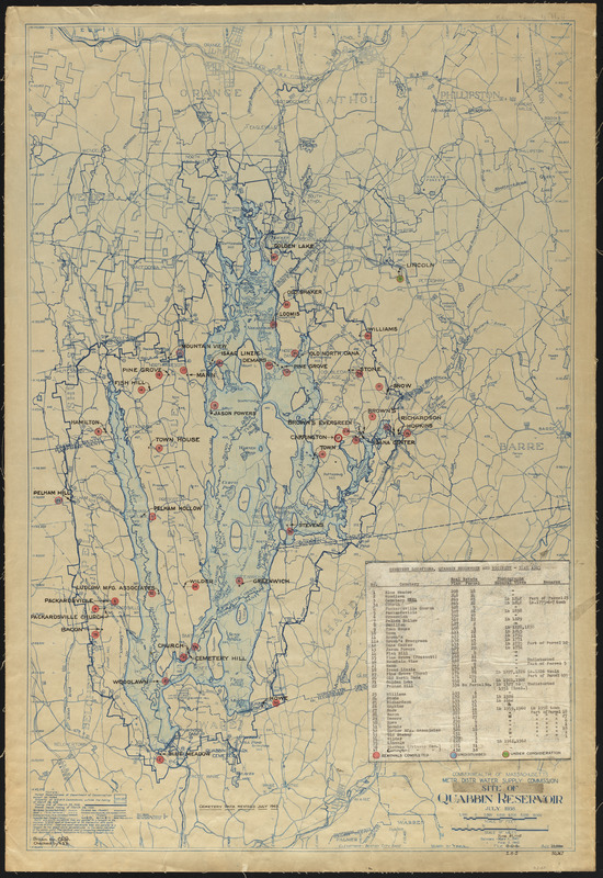 Cemetery locations, Quabbin Reservoir and vicinity, year 1945, overlaid on map, site of Quabbin Reservoir, Mass., July 1938, revised to June 27, 1945, cemetery data revised to July 1945