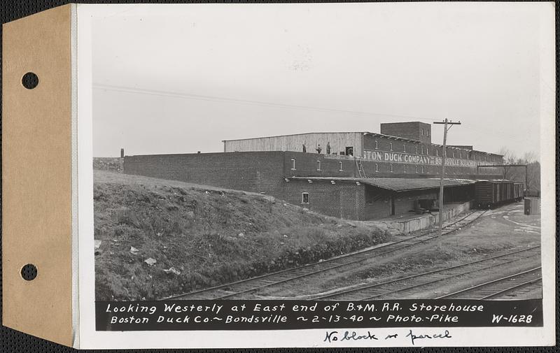 Looking westerly at east end of Boston and Maine Railroad storehouse, Boston Duck Co., Bondsville, Palmer, Mass., Feb. 13, 1940