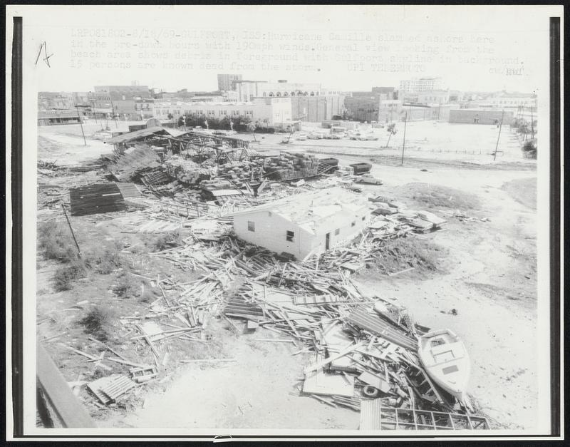 Gulfport, Miss: Hurricane Camille slammed ashore here in the pre-dawn hours with 190 mph winds. General view looking from the beach area shows debris in foreground with Gulfport skyline in background. 15 persons are known dead from the storm.