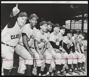 Favorites to Win World Series opening in New York today are the Cleveland Indians whose starting line up gets final instructions from Manager Al Lopez (left). Starters are (left to right) Al Smith, Bobby Avila, Larry Doby, Al Rosen, Vic Wertz, Dave Philley, George Strickland, Jim Hegan and Bob Lemon.