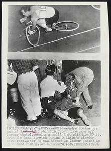 Spill--Andre Pousse was unhurt last night when his front tire came off (upper photo), causing a spill that slid him 50 ft. down the back stretch during Buffalo's six-day bike race. After he was helped up (lower photo) he continued riding.