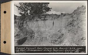 Contract No. 99, Enlargement of Fells High Level Distribution Reservoir, Stoneham, Malden, Melrose, exposed core wall, open channel site, basin 1 to basin 2, looking west, enlargement of Fells Reservoir, Stoneham, Mass., Sep. 13, 1940