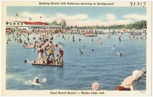 Bathing beach with ballroom showing in background, Ideal Beach Resort -- Shafer Lake, Ind.