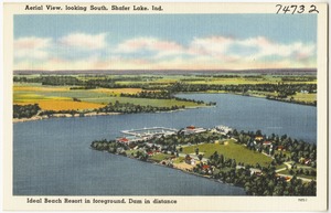 Aerial view, looking south, Shafer Lake, Ind., Ideal Beach Resort in foreground, dam in distance