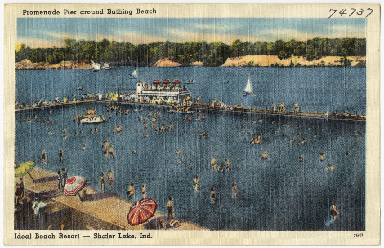 Promenade Pier around bathing beach, Ideal Beach Resort Shafer Lake