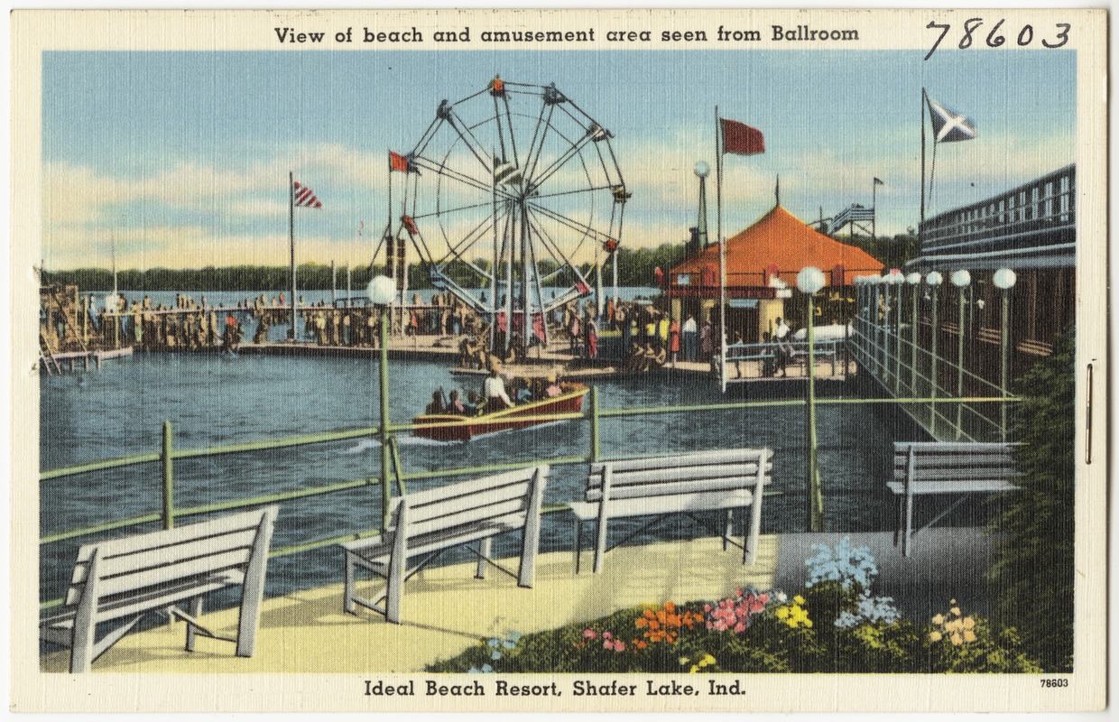 View of beach and amusement area seen from ballroom, Ideal Beach Resort, Shafer Lake, Ind.