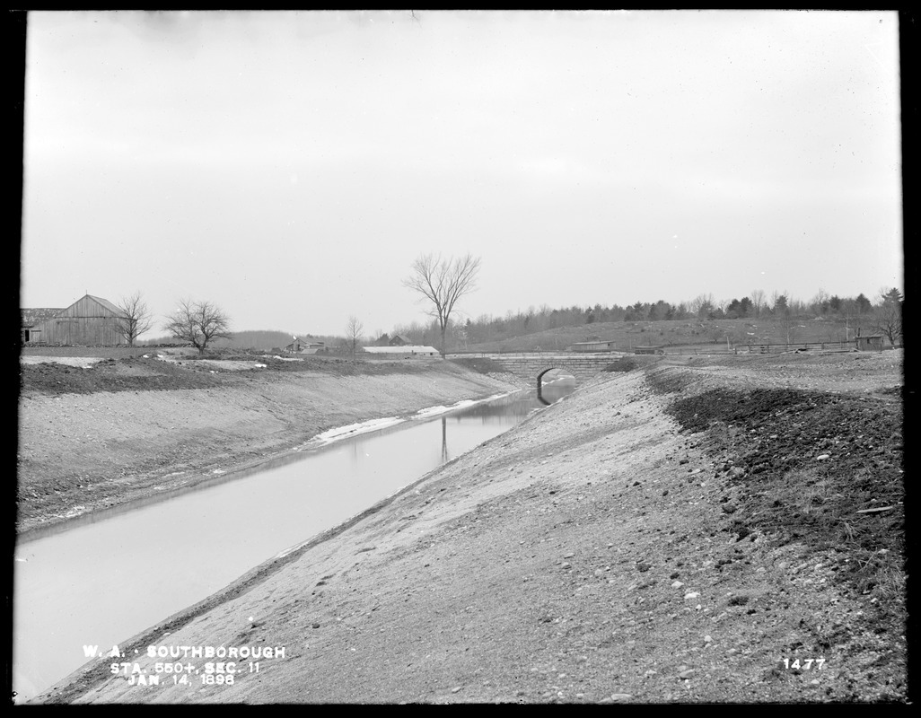 Wachusett Aqueduct, Open Channel (finished), Section 11, near station 550+, from the east; and highway bridge, Southborough, Mass., Jan. 14, 1898