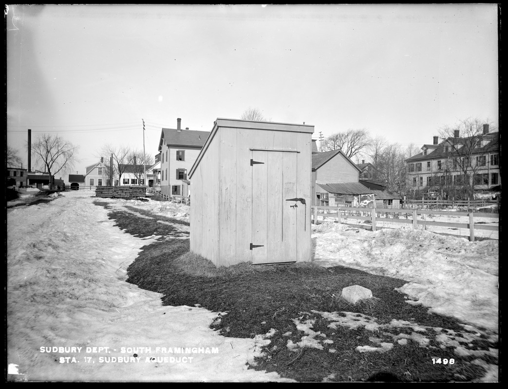 Sudbury Department, shelter, at station 17, Sudbury Aqueduct, on south side of Hollis Street, opposite Office, from the southeast, South Framingham, Framingham, Mass., Feb. 14, 1898