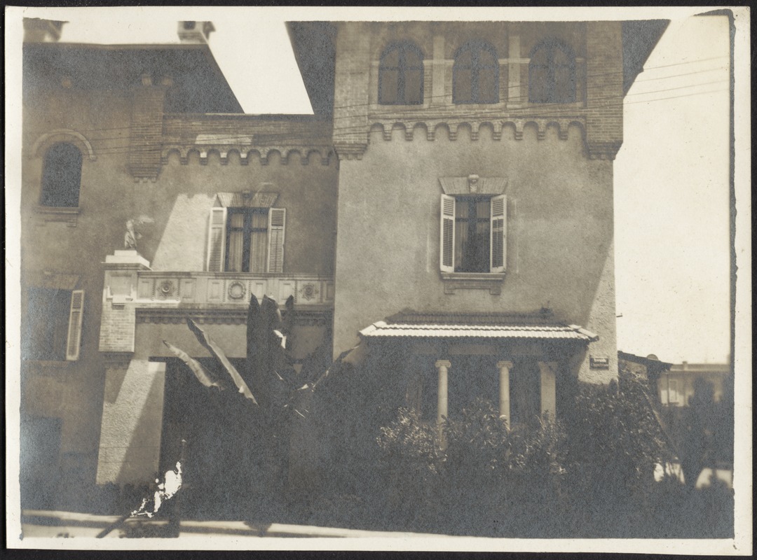 View of 3-story building, short palm tree in foreground