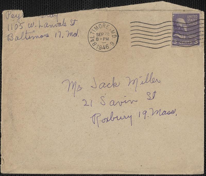 Envelope from Peyton Gray, Baltimore, Maryland to Jack Miller, Roxbury, Mass., 1946 September 8