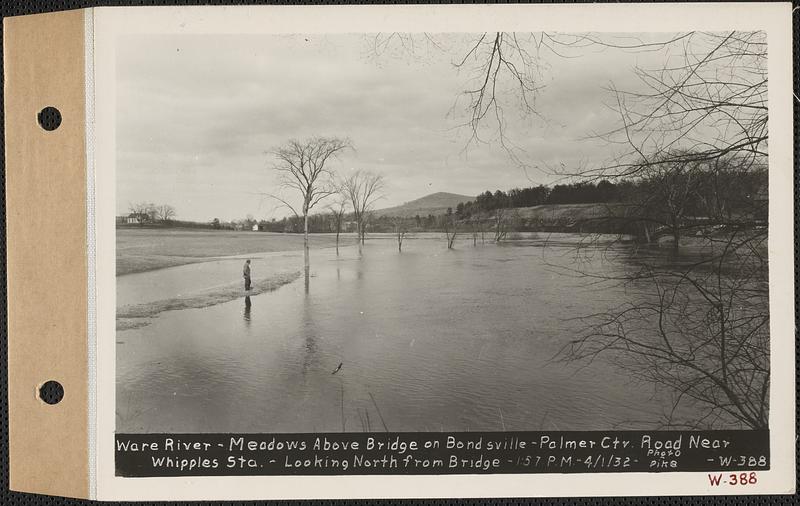 Ware River, meadows above bridge on Bondsville-Palmer Center Road near Whipples Station, looking north from bridge, Bondsville, Palmer, Mass., 1:57 PM, Apr. 1, 1932