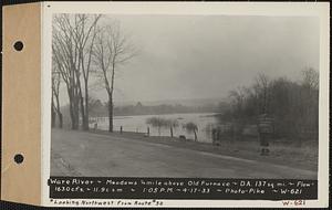 Ware River, meadows 1/4 mile above Old Furnace, looking northwest from Route #32, drainage area = 137 square miles, flow = 1630 cubic feet per second = 11.9 cubic feet per second per square mile, Hardwick, Mass., 1:05 PM, Apr. 17, 1933