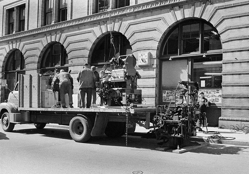 Moving linotype, StandardTimes, Pleasant Street, New Bedford Digital