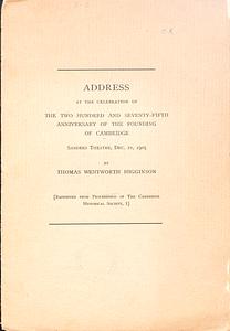 Address at the Celebration of the Two Hundred and Seventy-Fifth Anniversary of the Founding of Cambridge, 1905 December 21