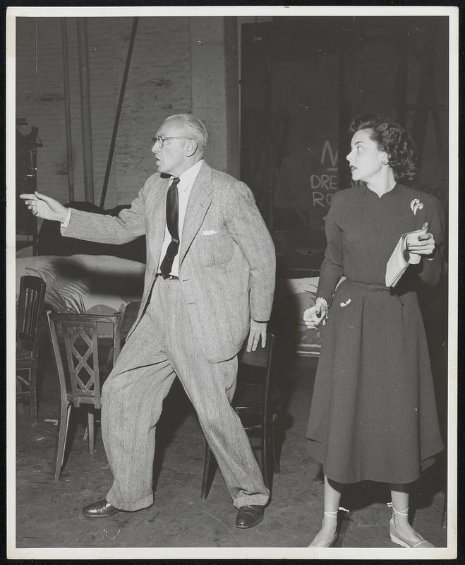 George Abbott rehearses with Isabel Bigley a scene from "Me and Juliet", Shubert May 6