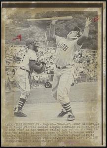 “NO-O-O”--Tony Ciccarello West Tampa, Florida Little League starting pitcher, yells a loud “No” as the umpire called him out on strikes in the 4th inning of second game of Little League World Series in Williamsport against Newtown, Pa. At left is Newton catcher Steve Proscino. West Tampa lost 3-1.