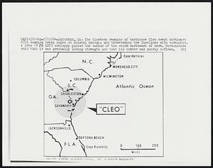 The blustery remains of hurricane Cleo swept northward 8/29 dumping heavy rains on coastal Georgia and threatening the Carolinas with tornadoes. A late (4PM EST) advisory placed the center of the storm northwest of here. Forecasters said that it was gradually losing strength and that its center was poorly defined.