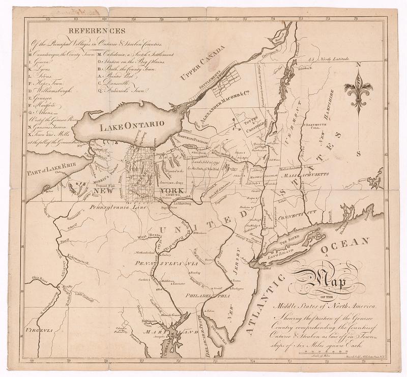 A map of the middle states of North America, shewing the position of the Geneseo country comprehending the counties of Ontario & Steuben as laid off in townships of six miles square each