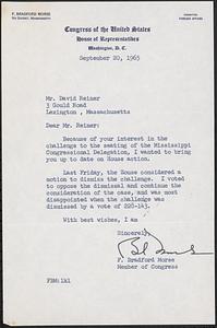 Letter to David Reiner from Congressman F. Bradford Morse about dismissal of challenge to seat of Mississippi Congressional Delegation